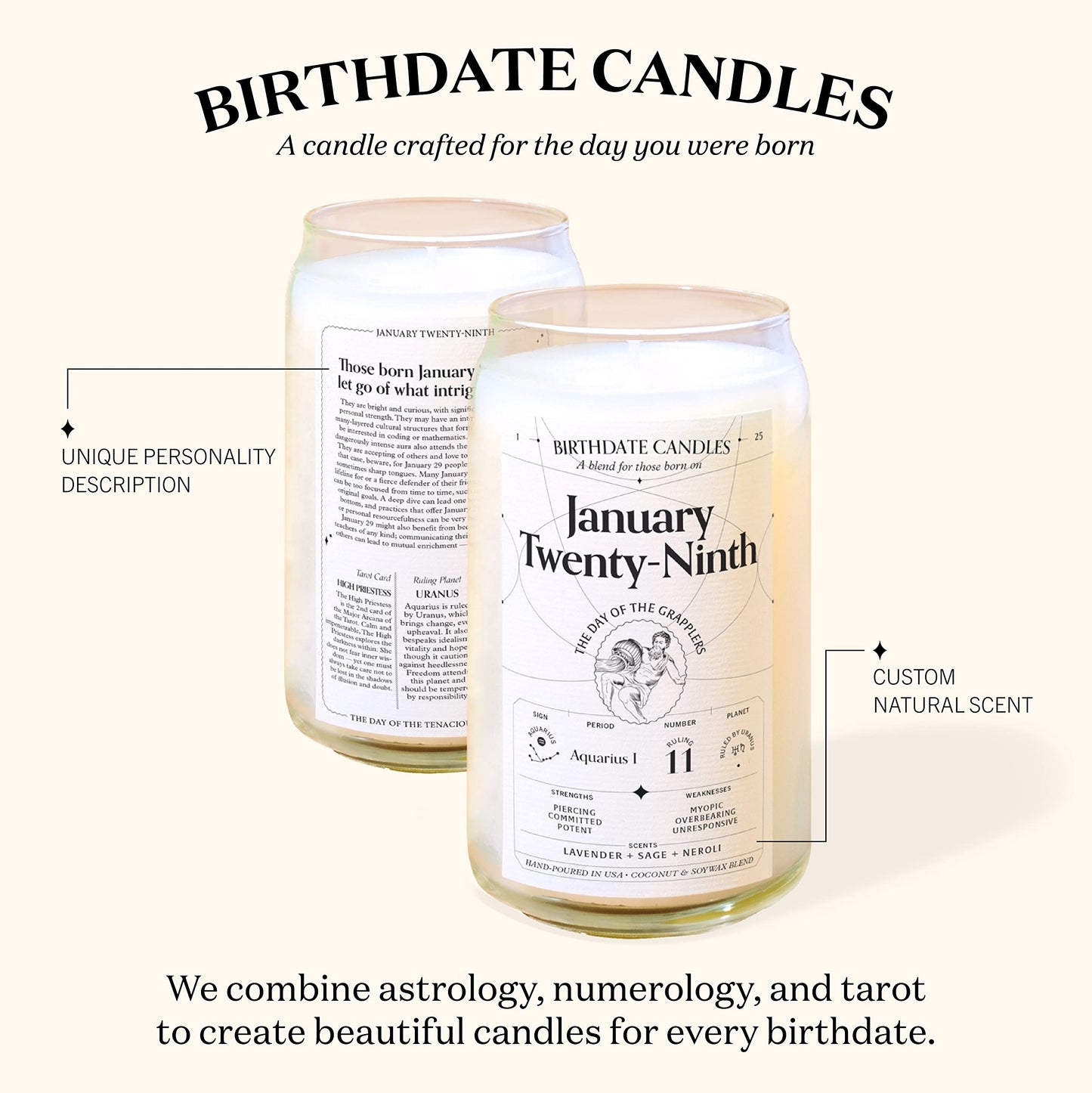 Birthdate Candles, February 2 - Aquarius Zodiac Scented Candles Birthday Gift - Lavender, Sage & Neroli Scent - All-Natural Soy & Coconut Wax, 60-80 Hour Burn Time - Made in USA