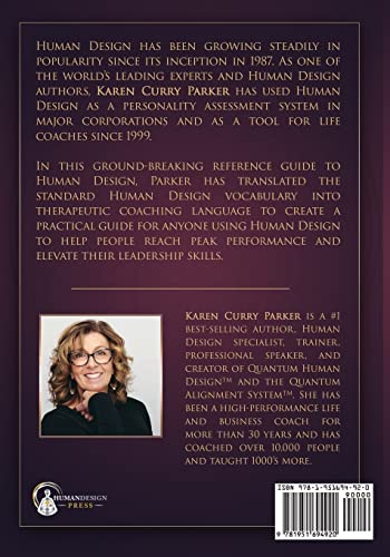 Back cover of a Human Design book featuring text about the author and a photo of Karen Curry Parker on a purple gradient background.