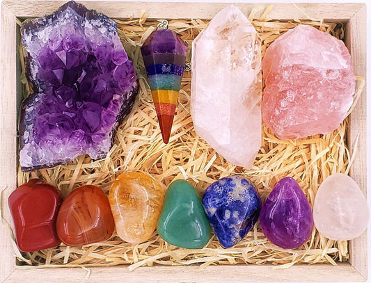 Crystals and Healing Stones Premium Kit Wooden Box - Chakra Stones Healing Crystals Set, Rose Quartz, Amethyst Cluster, Quartz Points, Chakra Pendulum (A Essential Chakra Collection)