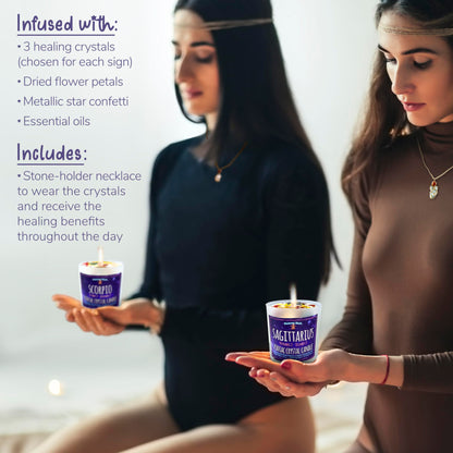 DANCING BEAR Sagittarius Zodiac Candle Gift Box Set with 3 Healing Crystals & Stone Holder Necklace, 100% Soy Scented Wax, Crackling Wood Wick, 45 Hour Burn Time