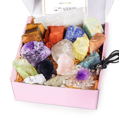 AOOVOO 17Pcs Crystals and Healing Stones, 14Pcs Real Raw Chakra Stones Set, Selenite Charging Plate, Amethyst Necklace, Rose Quartz, Mothers Day Gifts, Gift Box, Guide for Beginners, Collection, Meditation, Yoga