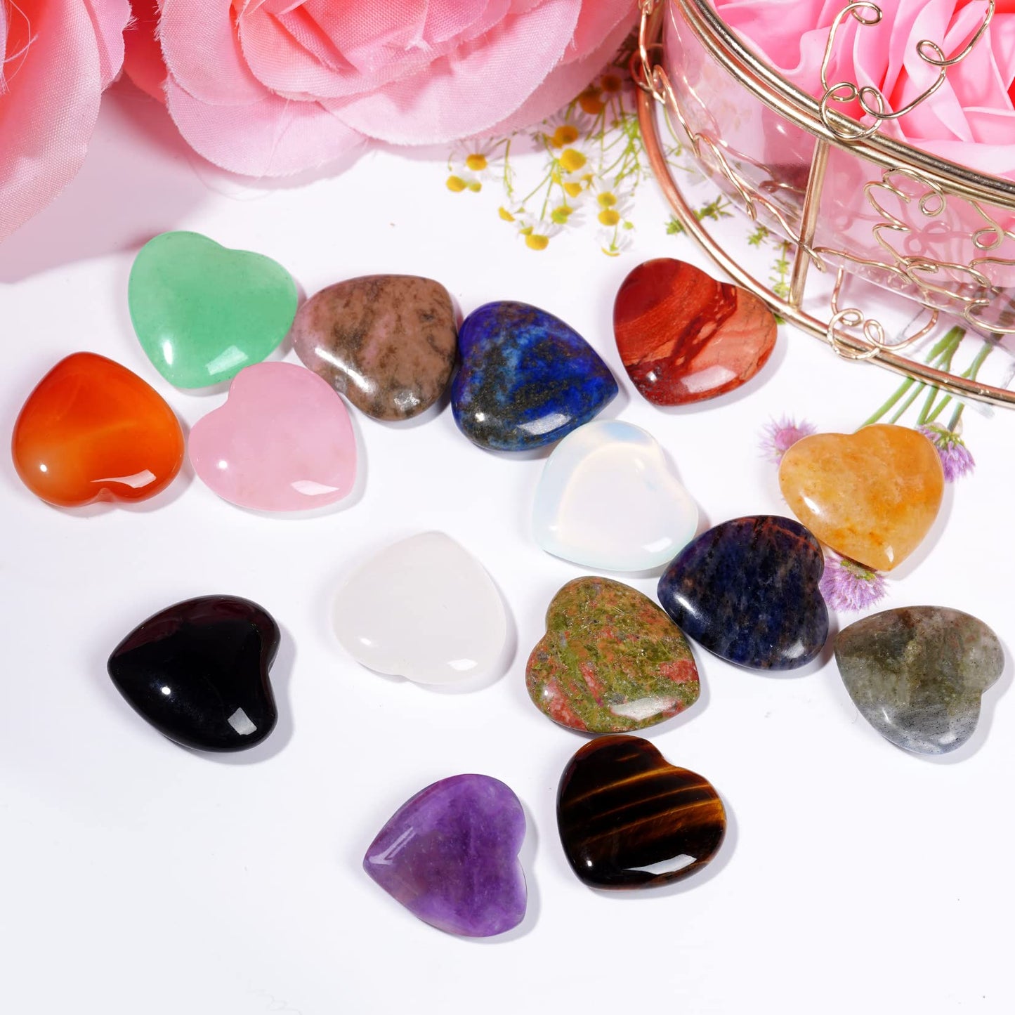 Marrywindix 15 Chakras Stones 0.8 Inch Healing Crystal Natural Heart Love Carved Palm Worry Stone Set Bulk Polished Thumb Gemstones Chakra Reiki Balancing