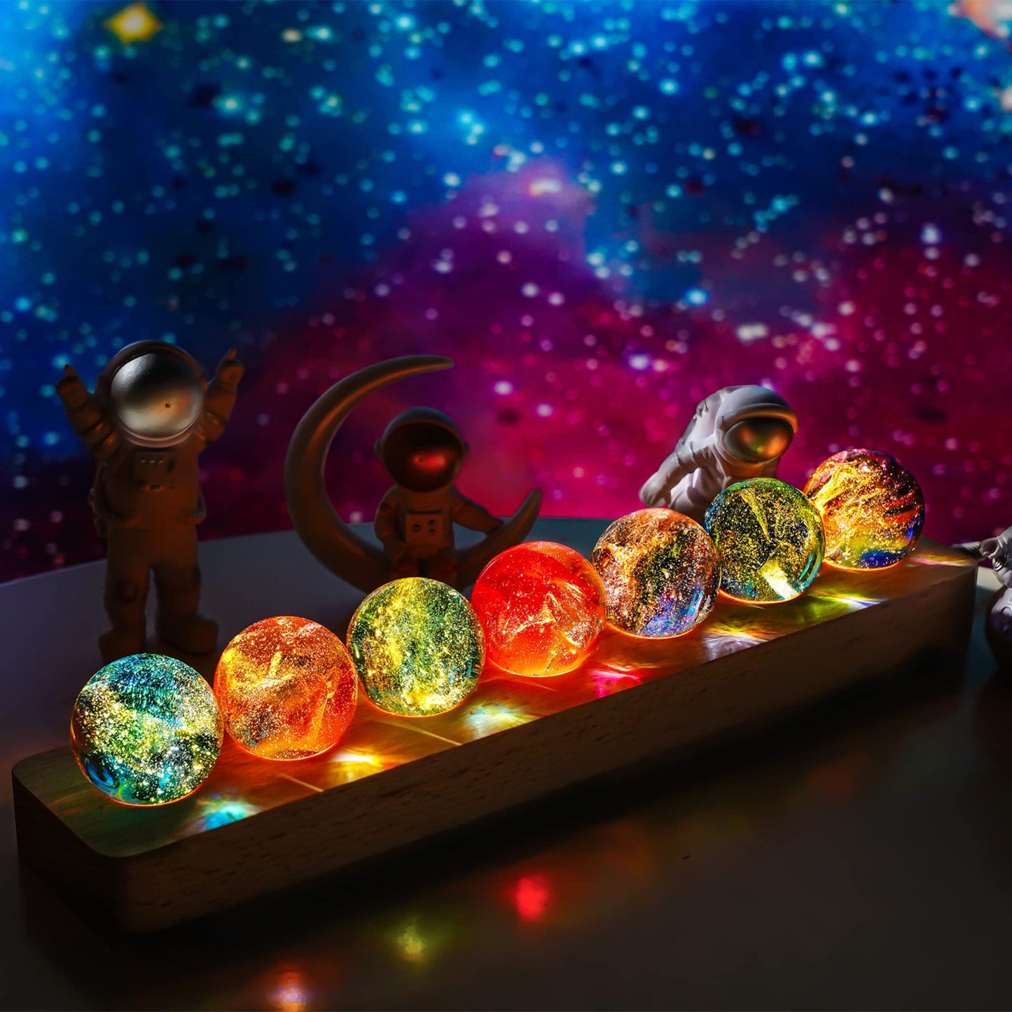 KRISININE 7 Chakra Natural Healing Spheres with LED Wooden Stand 40mm Crystal Quartz Stones for Meditation Positive Energy Night Light Decoration Balls Set for Christmas