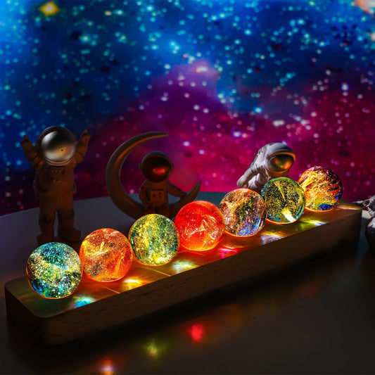 KRISININE 7 Chakra Natural Healing Spheres with LED Wooden Stand 40mm Crystal Quartz Stones for Meditation Positive Energy Night Light Decoration Balls Set for Christmas