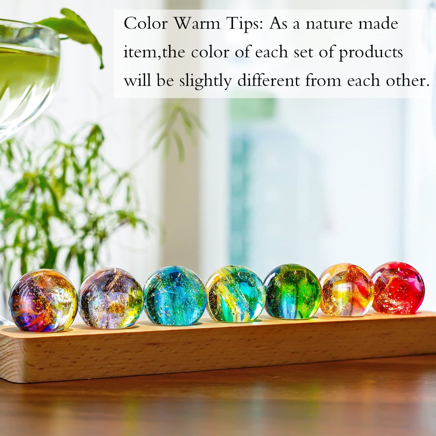 KRISININE 7 Chakra Natural Healing Spheres with LED Wooden Stand 40mm Crystal Quartz Stones for Meditation Positive Energy Night Light Decoration Balls Set for Christmas