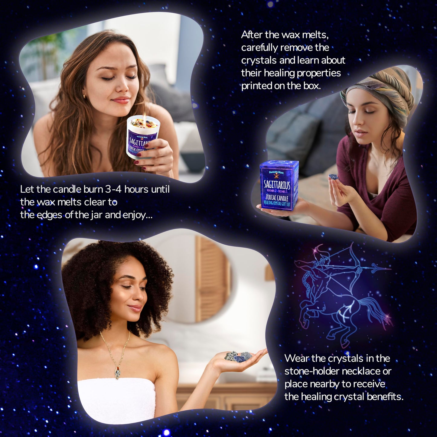 DANCING BEAR Sagittarius Zodiac Candle Gift Box Set with 3 Healing Crystals & Stone Holder Necklace, 100% Soy Scented Wax, Crackling Wood Wick, 45 Hour Burn Time