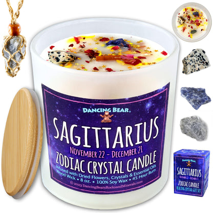 DANCING BEAR Sagittarius Zodiac Candle Gift Box Set with 3 Healing Crystals & Stone Holder Necklace, 100% Soy Scented Wax, Crackling Wood Wick, 45 Hour Burn Time