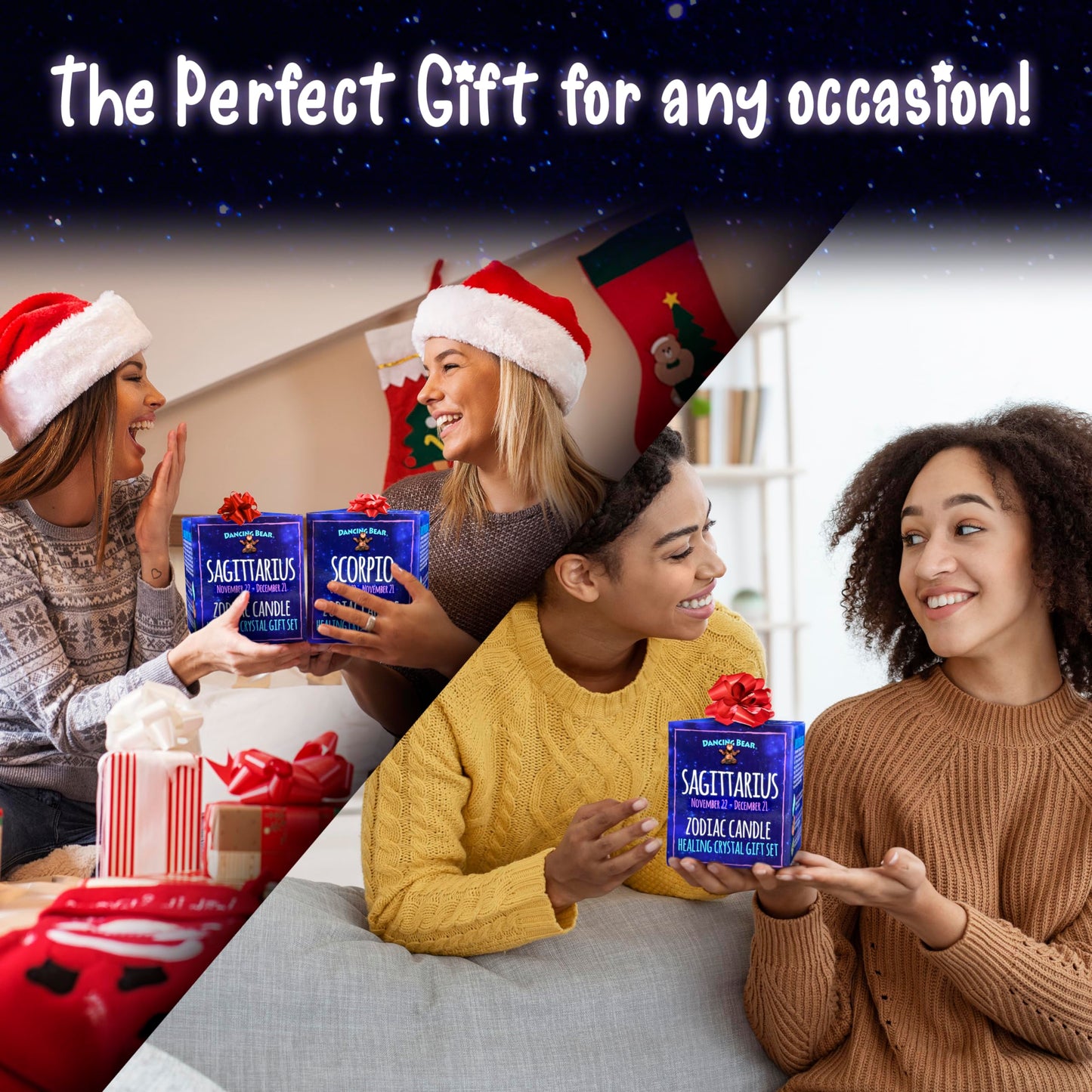 DANCING BEAR Sagittarius Zodiac Candle Gift Box Set with 3 Healing Crystals & Stone Holder Necklace, 100% Soy Scented Wax, Crackling Wood Wick, 45 Hour Burn Time