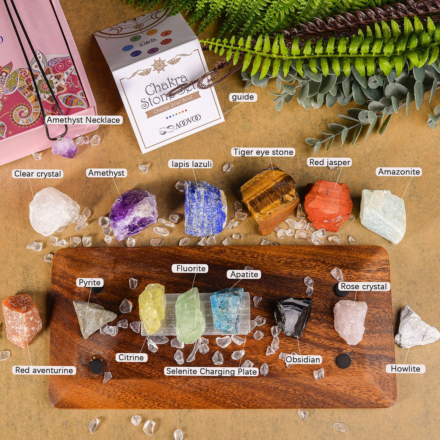 AOOVOO 17Pcs Crystals and Healing Stones, 14Pcs Real Raw Chakra Stones Set, Selenite Charging Plate, Amethyst Necklace, Rose Quartz, Mothers Day Gifts, Gift Box, Guide for Beginners, Collection, Meditation, Yoga