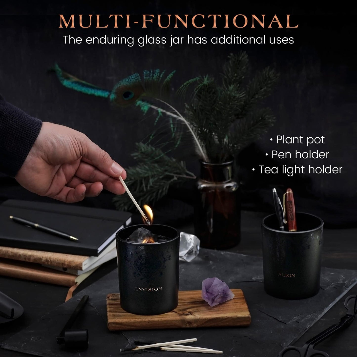 Black glass jar used as a candle holder with a person lighting it, shown alongside alternative uses like plant pot, pen holder, and tealight holder on a dark background.
