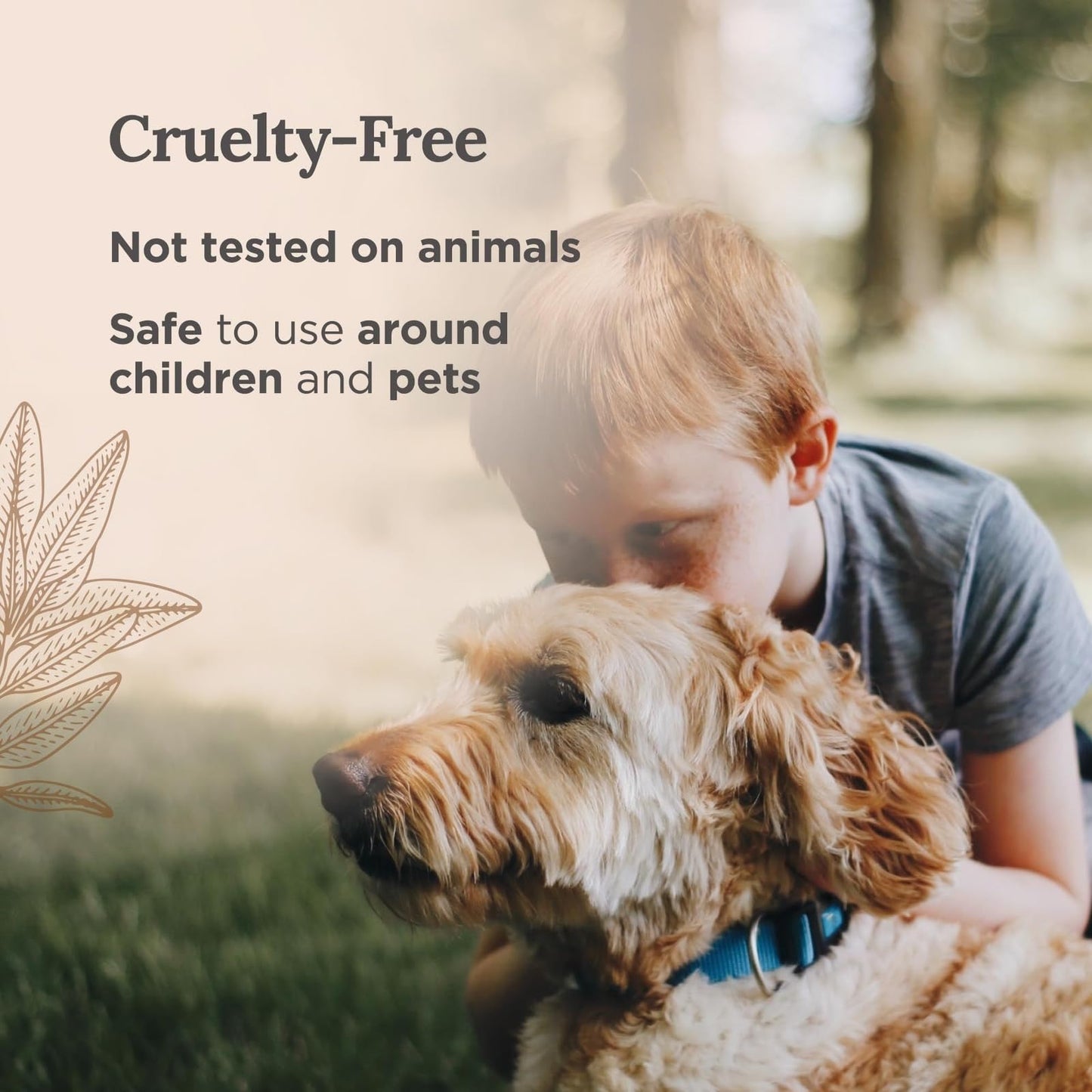 Child hugging a dog outdoors with text highlighting cruelty-free, non–animal-tested, and safe-for-children-and-pets product benefits.