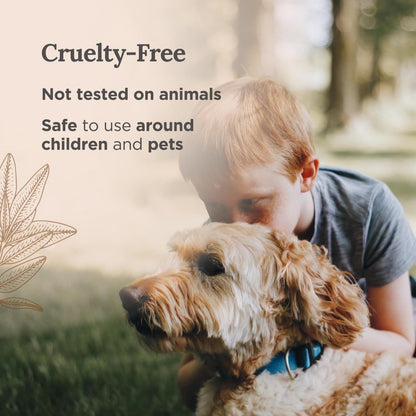 Child hugging a dog outdoors with text highlighting cruelty-free, non–animal-tested, and safe-for-children-and-pets product benefits.