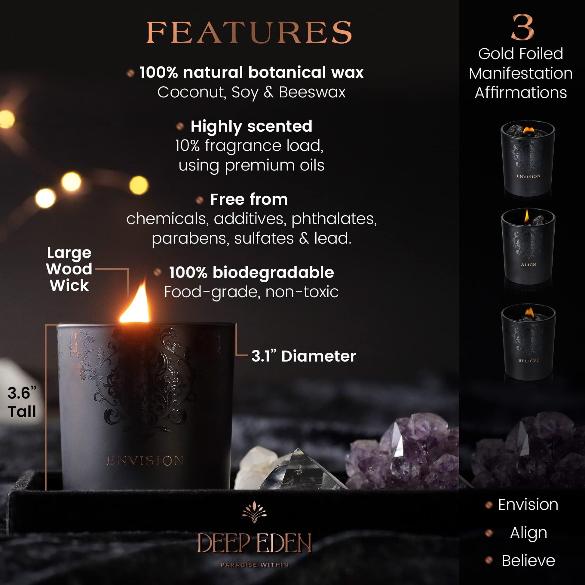 Deep Eden black candle displayed with detailed features including natural botanical wax, large wood wick, biodegradable materials, and gold-foiled manifestation affirmations on a dark background.