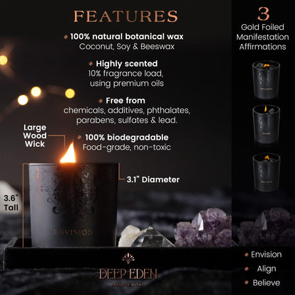 Deep Eden black candle displayed with detailed features including natural botanical wax, large wood wick, biodegradable materials, and gold-foiled manifestation affirmations on a dark background.