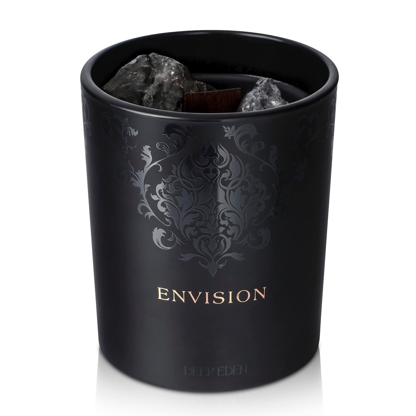 Black Envision candle with decorative detailing and crystals inside, shown on a clean white background.