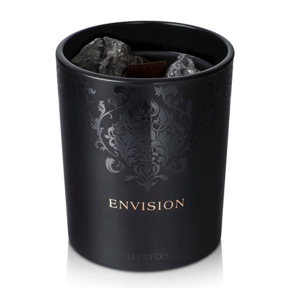 Black Envision candle with decorative detailing and crystals inside, shown on a clean white background.