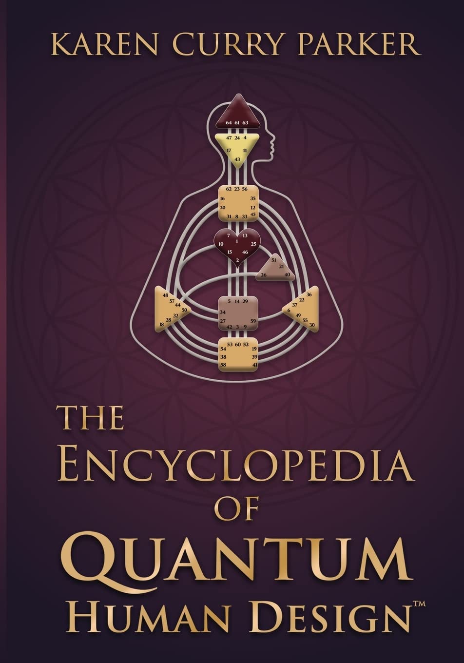 Front cover of The Encyclopedia of Quantum Human Design by Karen Curry Parker featuring a Human Design bodygraph on a purple geometric background.