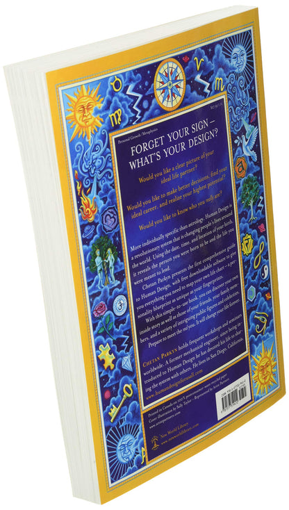 Back cover of the Human Design book featuring astrological symbols, mystical illustrations, and descriptive text on a blue background.