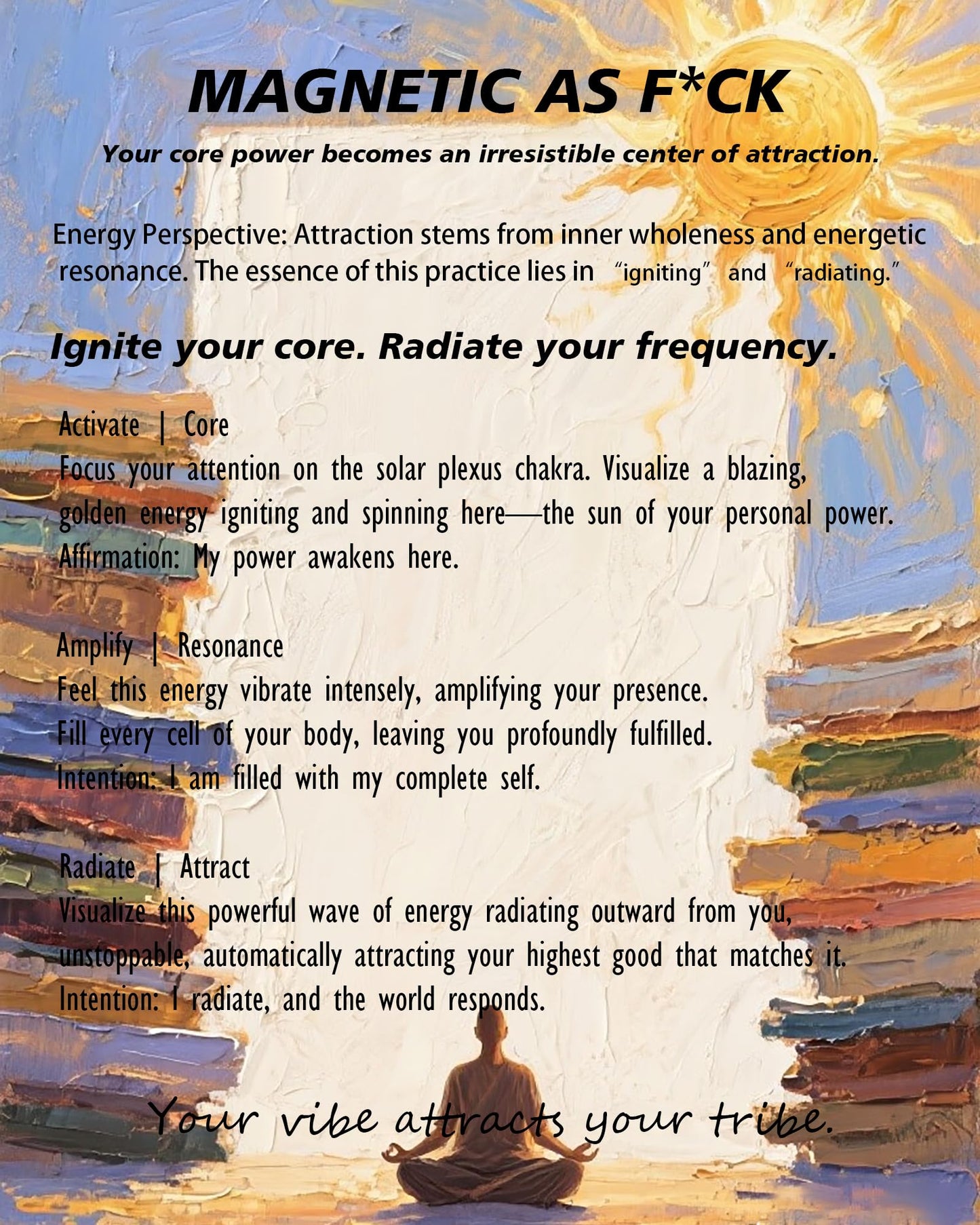 Magnetic As F*ck manifestation guide displayed on a colorful abstract background with a person sitting in a lotus position.