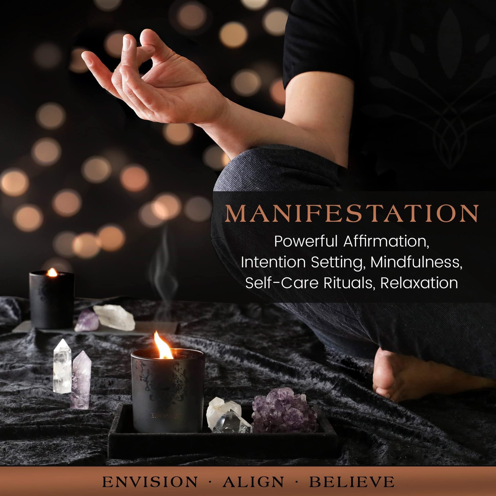 Person meditating beside lit candles and crystals on a dark background with text highlighting manifestation, intention setting, mindfulness, and self-care rituals.