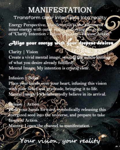 Manifestation ritual card with decorative celestial and floral elements on a dark background.