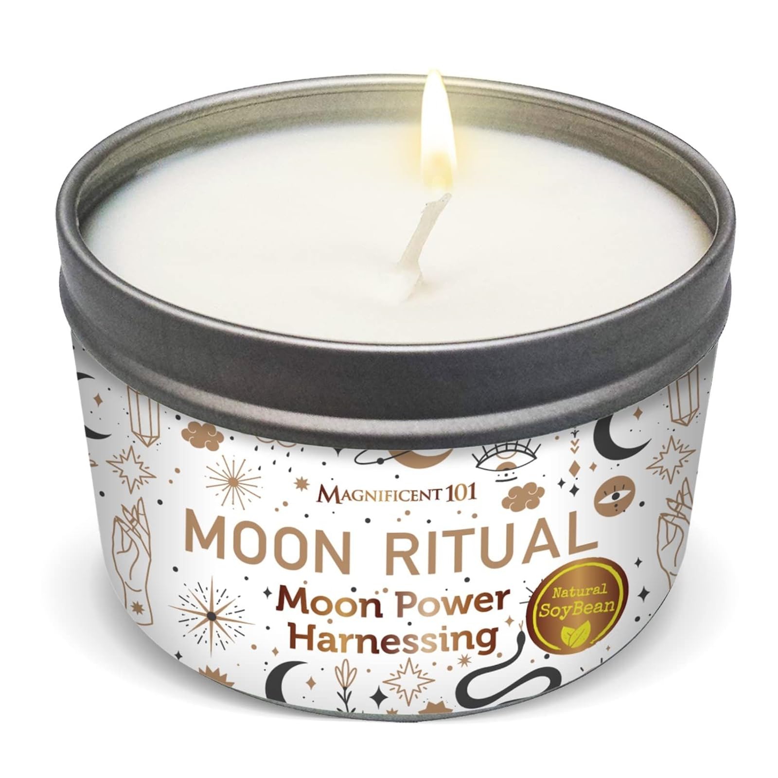Moon Ritual candle in a decorative tin with a lit wick on a clean white background.