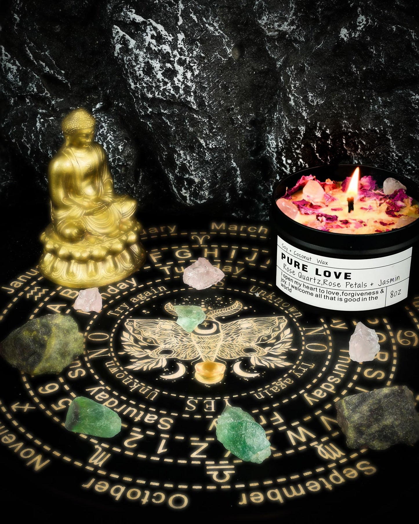 Pure Love candle burning beside a gold Buddha statue with rose quartz and green crystals arranged on an illuminated astrology wheel.