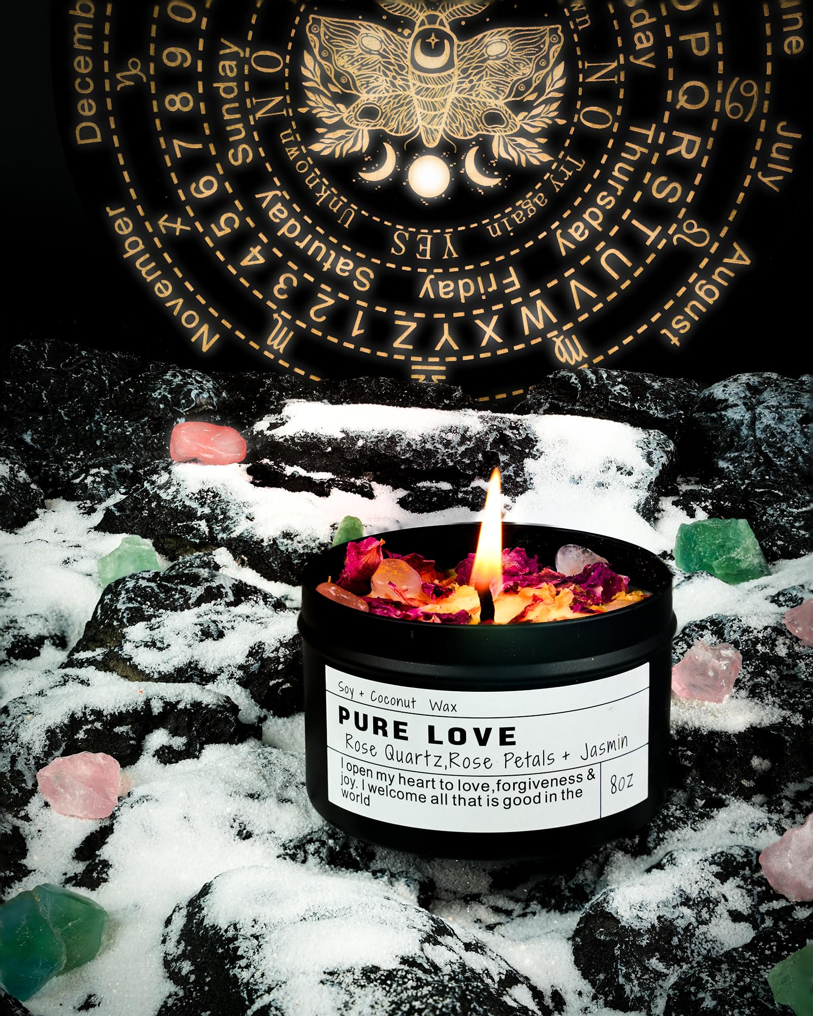 Pure Love candle burning on snowy rocks with rose quartz and green crystals, set against a mystical golden zodiac and moth symbol background.