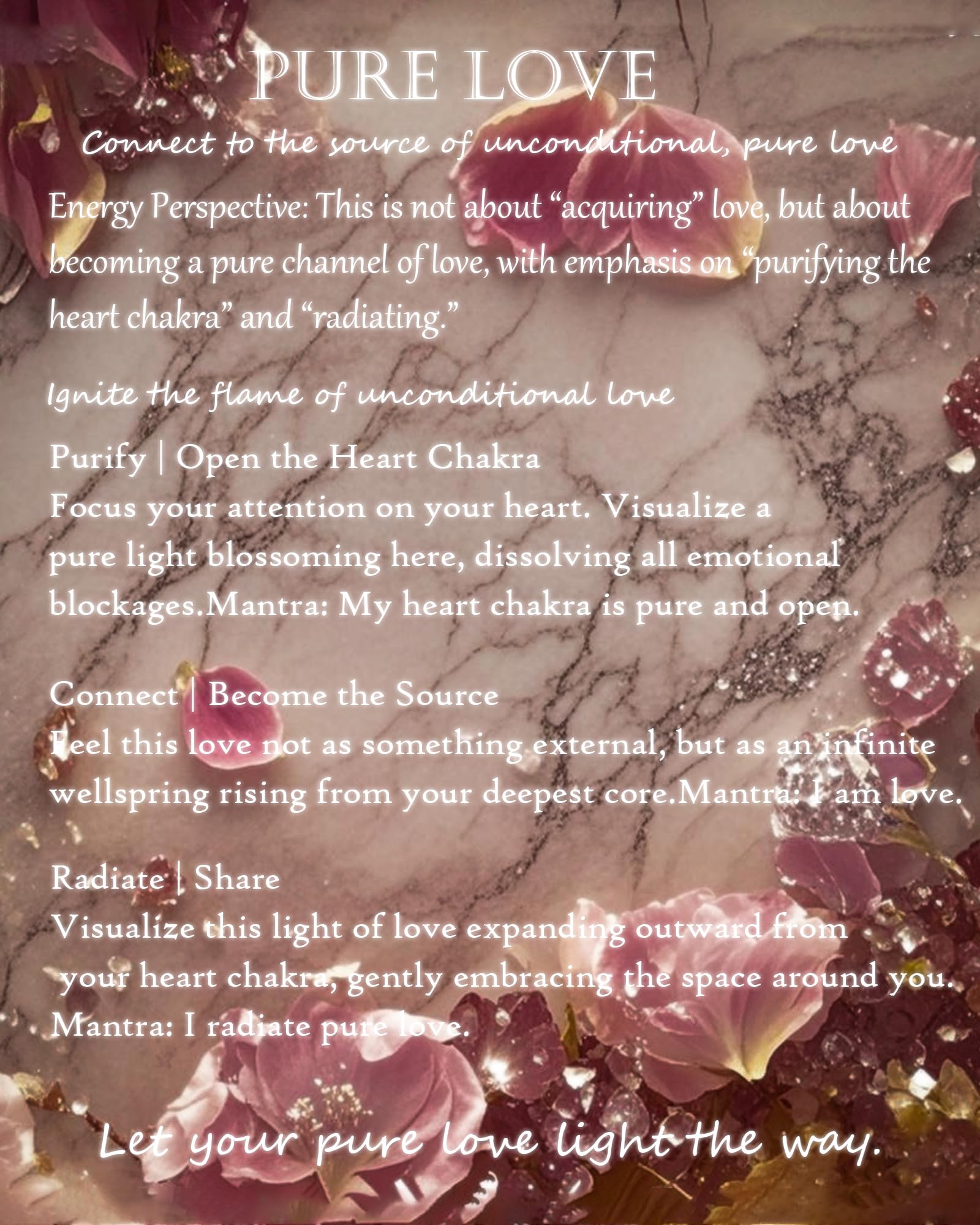Pure Love manifestation guide with heart-chakra affirmations displayed on a pink floral and marble background.