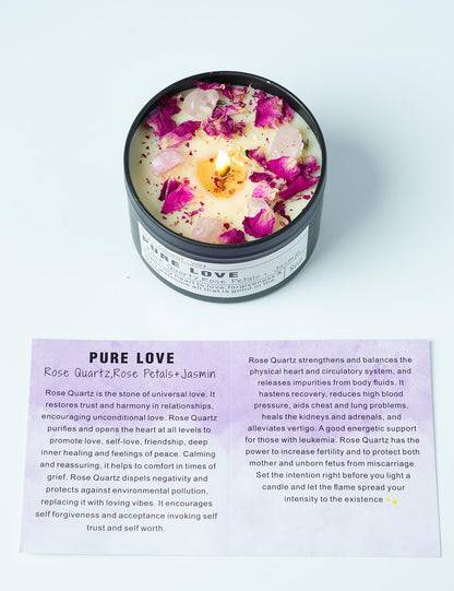 Pure Love candle topped with rose quartz and rose petals, shown above an informational card about the candle’s meaning on a white background.