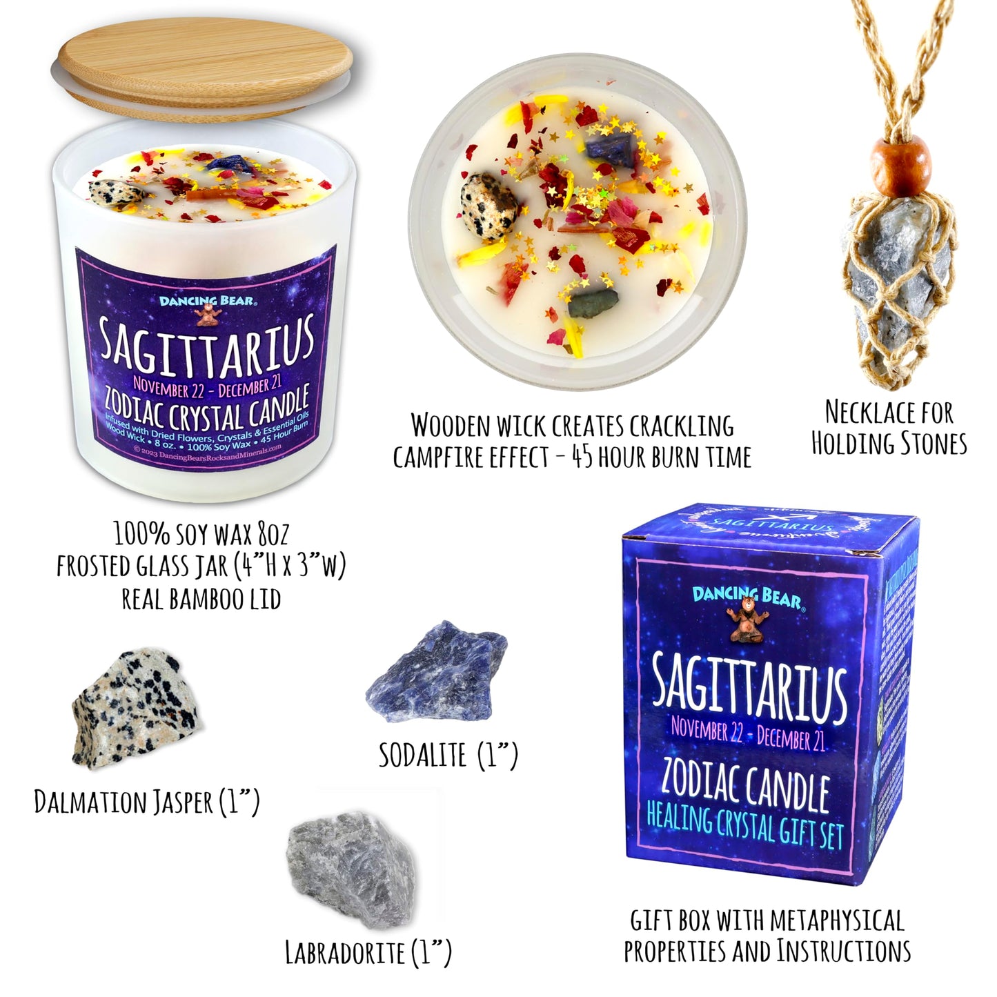 Sagittarius zodiac crystal candle set with necklace, stones, candle, and packaging displayed on a white background
