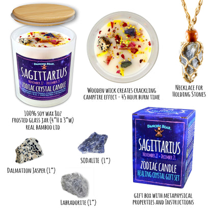 Sagittarius zodiac crystal candle set with necklace, stones, candle, and packaging displayed on a white background